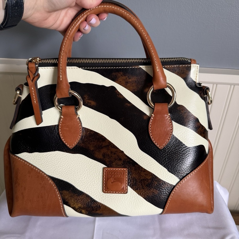 Dooney & Bourke Zebra Leather Satchel 30 Black White Brown Crossbody Bag Purse - Picture 2 of 16
